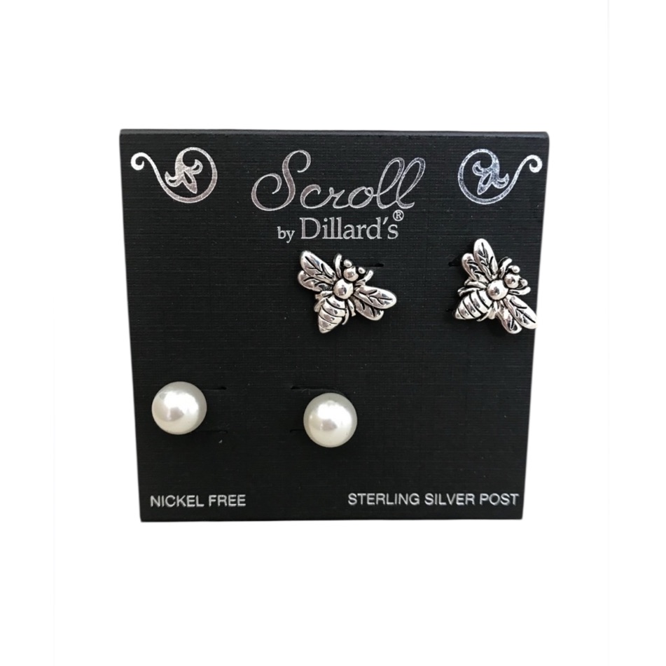 Scroll Faux Pearl Stud And Silver Bee Earrings